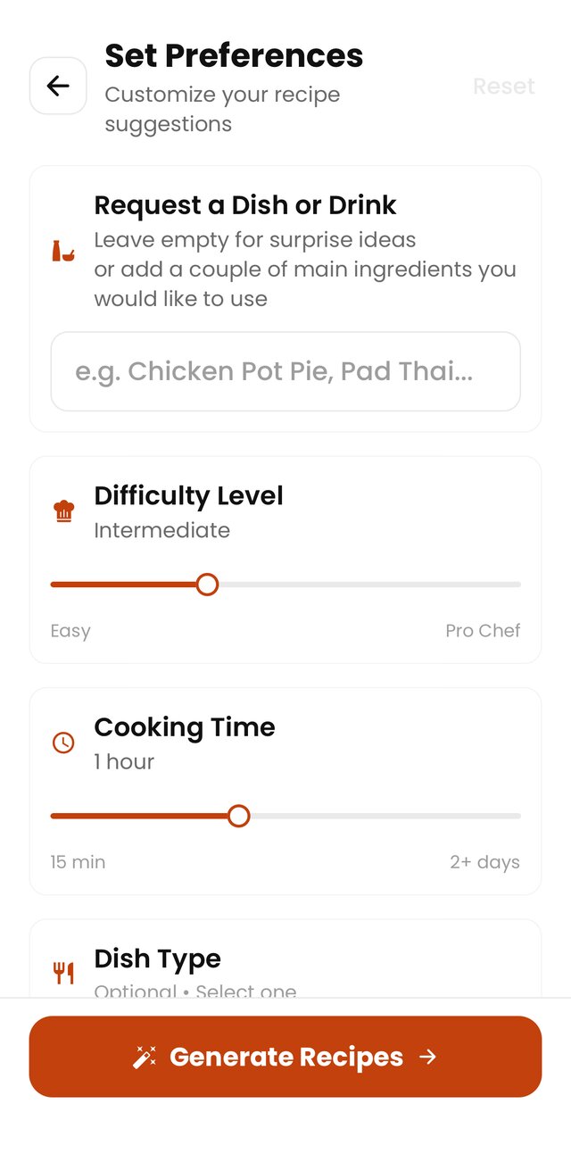 Request a Dish or Drink — set preferences and generate recipes